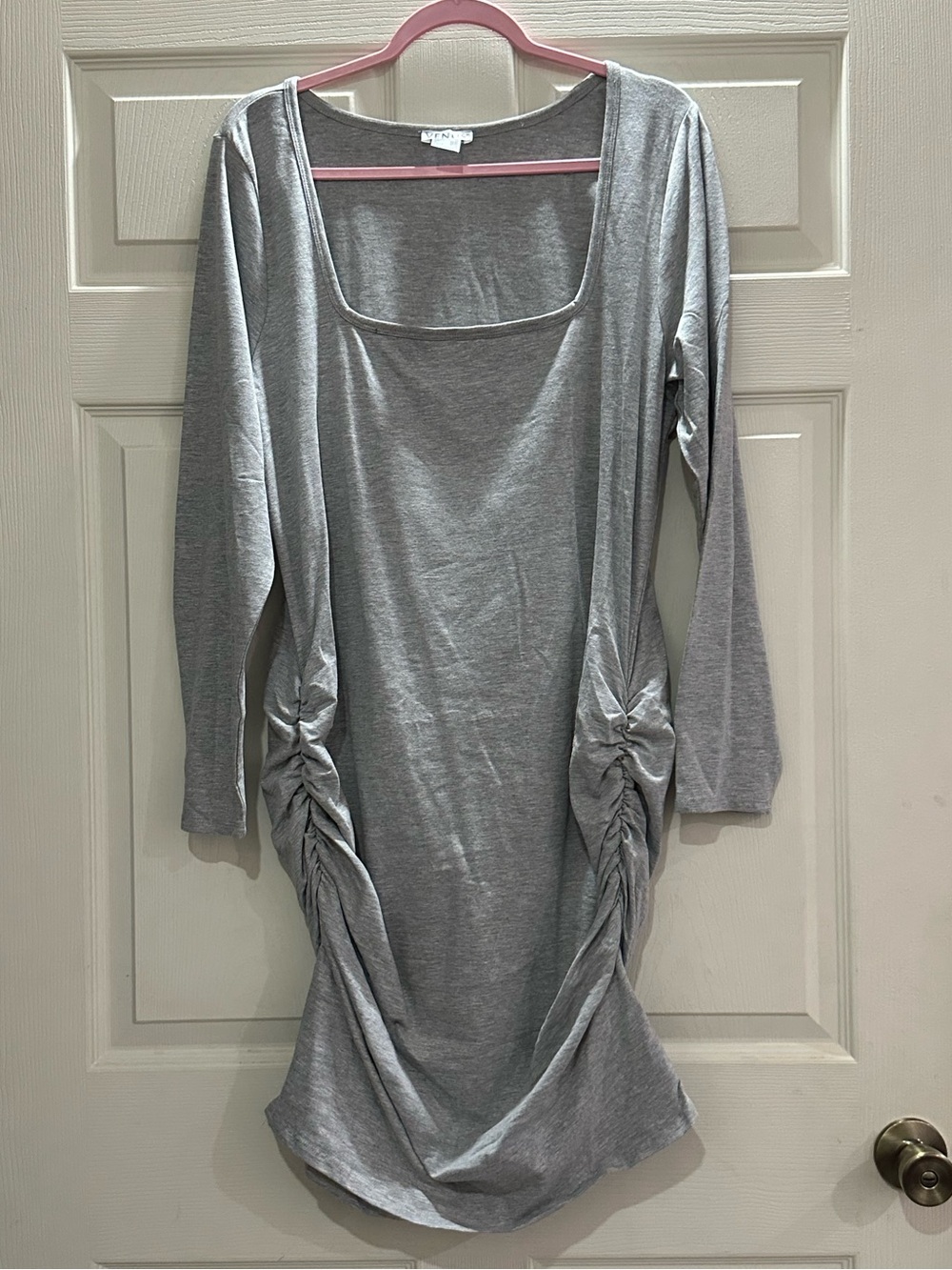 VENUS Light Gray Long Sleeve Scoop Neck Ruched-Side Dress